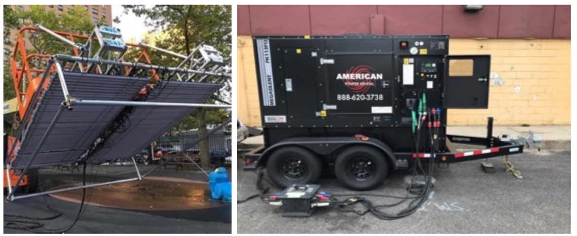 Figure 3: Left, a large soft box consisting of Quasar Science LED tubes. Right, the additional generator we used to power it on the Ryan Reynolds SFX movie Free Guy.