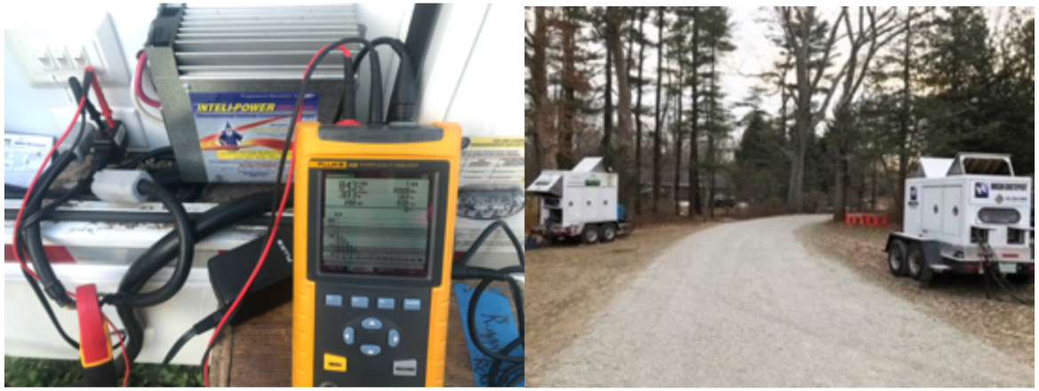Figure 13: Left, harmonic currents generated by non-pfc power converter in a porta-potty trailer on the set of Knives Out. Right, the 500A diesel generator that the porta-potty trailers were isolated on.