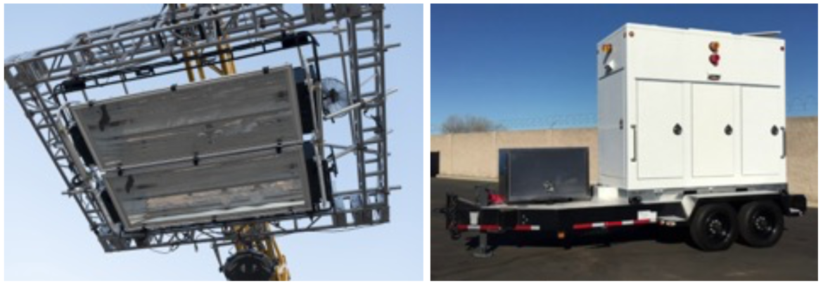 Figure 8: Two non-pfc 50kW SoftSun fixtures, rigged onto a Lull to light an exterior green screen set on Free Guy were isolated on their own diesel generator because of the severe voltage waveform distortion they create.