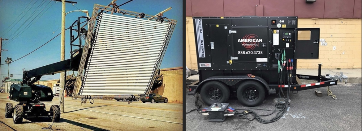 Left, a large soft box consisting of Quasar Science LED tubes. Right, the additional generator we used to power it on the Ryan Reynolds Apple series Defending Jacob