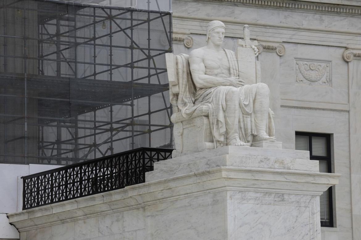 The sculpture "Authority of Law" is seen outside the Supreme Court in Washington on June 27, 2025. | Francis Chung/POLITICO