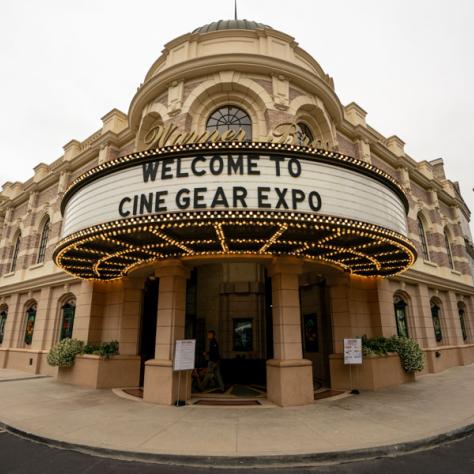 Front shot of theater with "Welcome to Cine Gear Expo" on the sign. 