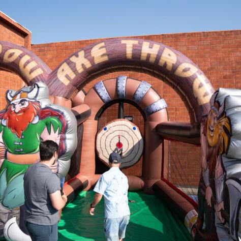 Photo of axe throwing event. 