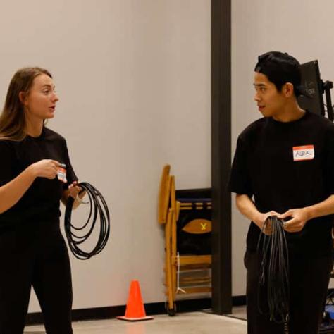 Woman working with cable talking to a man. 