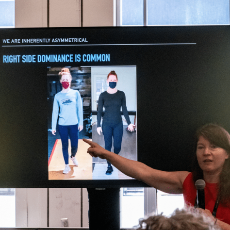 Liz Cash, strength and conditioning coach, specializing in the needs of camera operators, cinematographers and camera assistants, at the SOC's Camera Operator Workshop.