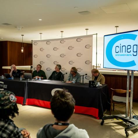 Matthew Pebler, SOC, Alan Mehlbrech, SOC, Fred Elmes, ASC, Frank DeMarco, ASC, moderator Michael Chambliss, Terrence Burke, Joe Blodgett, and Todd Armitage.