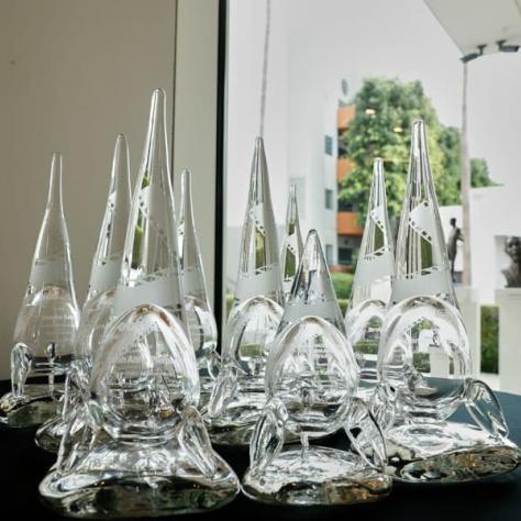 Photo of awards on table. 