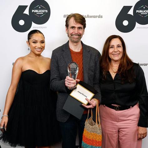 ICG PUBLICISTS AWARDS - Pictured: (l-r) Jaylen Barron, James Ferrera, Recipient of the Bob Yeager Award For Community Service; Chrissy Quesada at the Beverly Hilton on March 10, 2023 - (Photo by: Trae Patton)