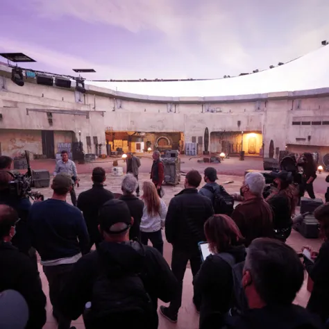 Back view of people watching something on a set. 